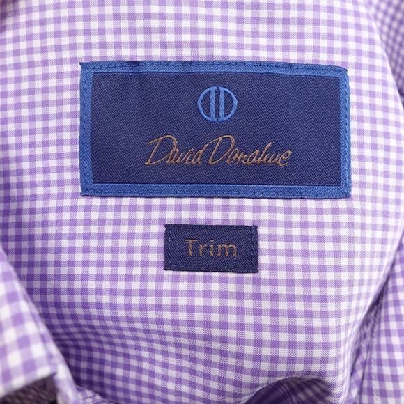 DAVID DONAHUE TRIM FIT PURPLE GINGHAM CHECK BUTTON DOWN DRESS SHIRT 16 34/35 - Picture 6 of 7